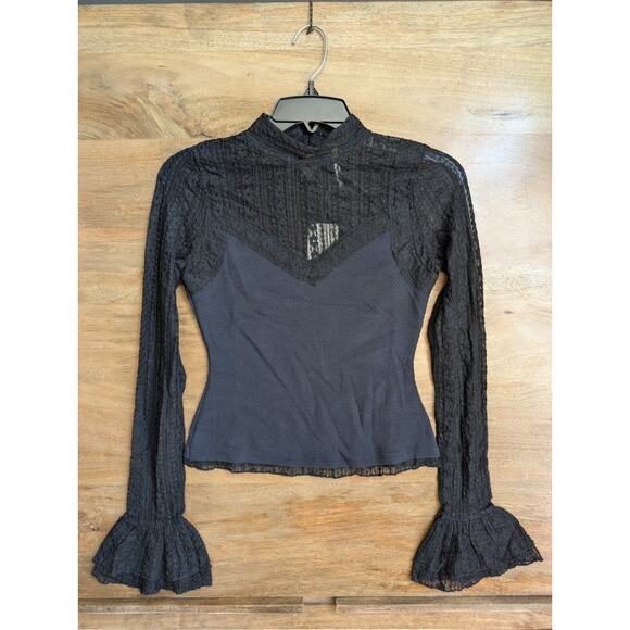 Free People Lace Blouse Top Womens XS Black Cropped Long Sleeve High Neck NWT - Picture 1 of 4